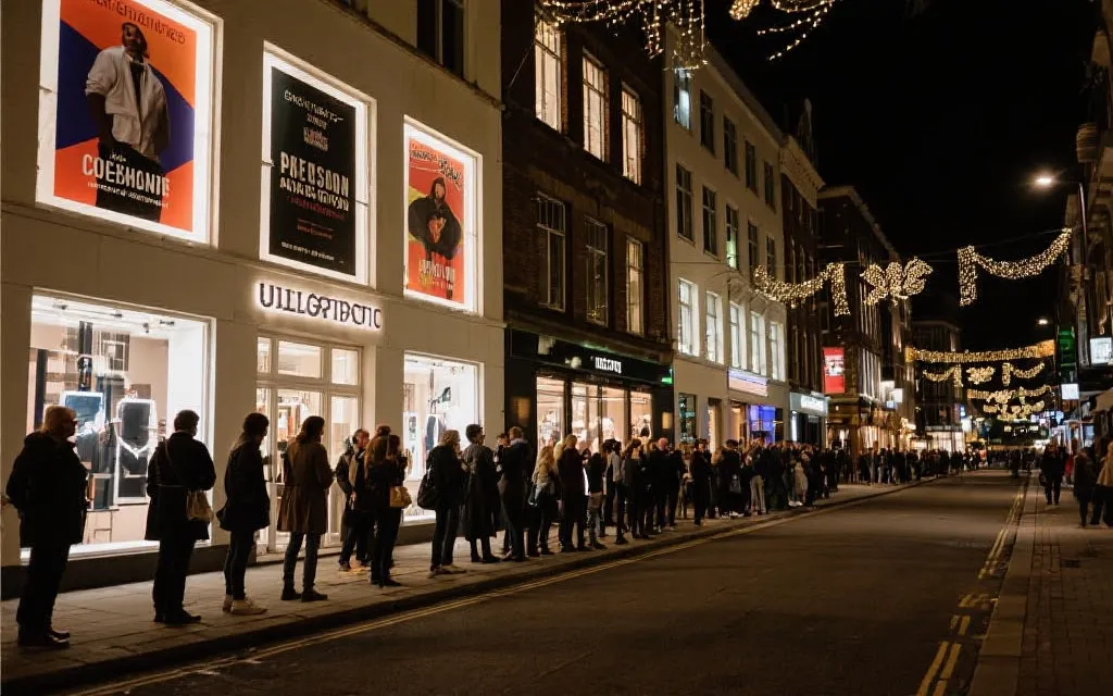 城市街区夜晚联动活动，咖啡馆门口海报与人群排队的场景
