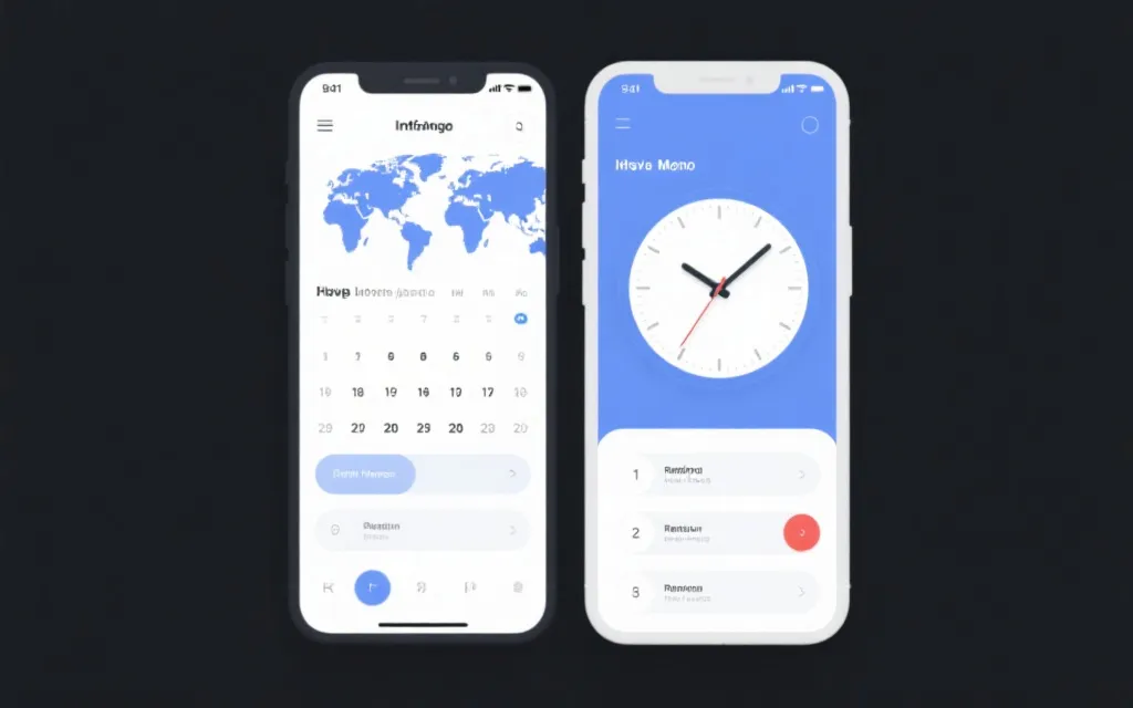 手机日历与时区换算界面，清爽信息图风格
